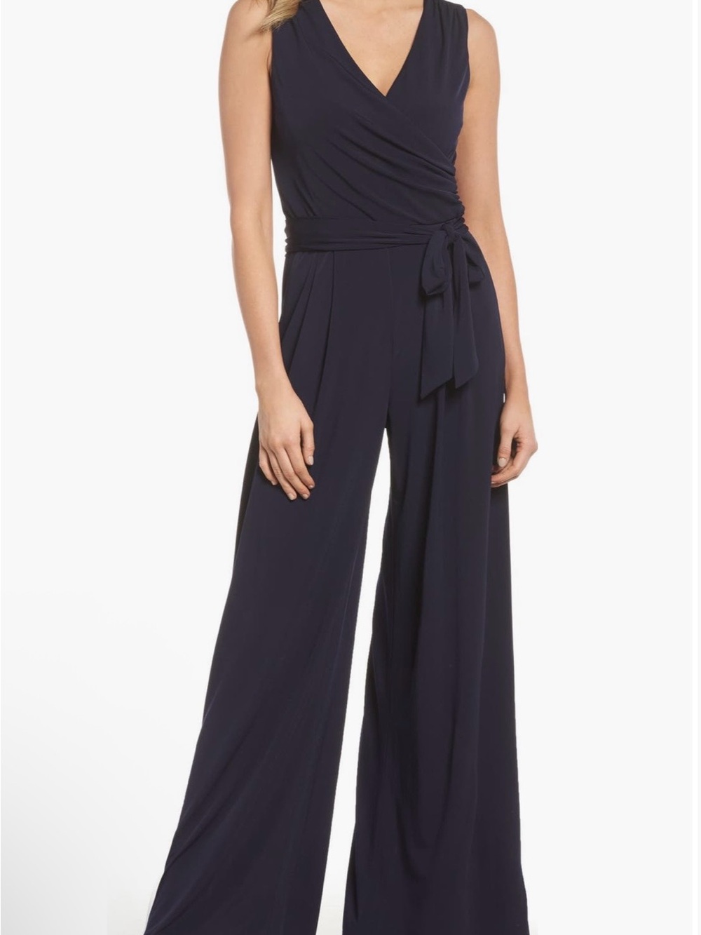 Eliza J Navy Sleeveless Wrap-Front Wide-Leg Jumpsuit